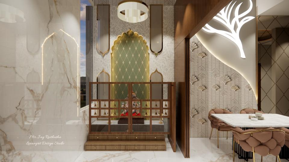 Pooja room top view featuring mandir design layout with detailed spatial planning and elegant pooja room top view perspective for contemporary home interiors.