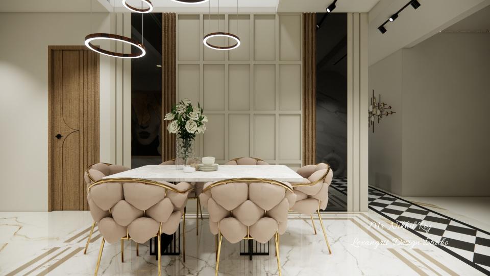 6 seater dining table with designing chair & decorative wall design