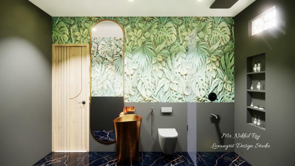 After bathroom entrance showcasing round  shape mirror, designing basin ,wc & shower area with open shelf storage