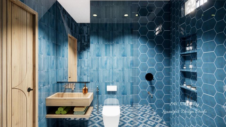 Bathroom front view vanity unit with large mirror,wc area & shower area