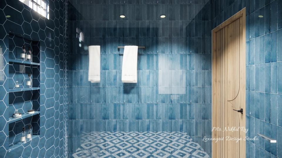 Bathroom showing towel rod & open shelf storage