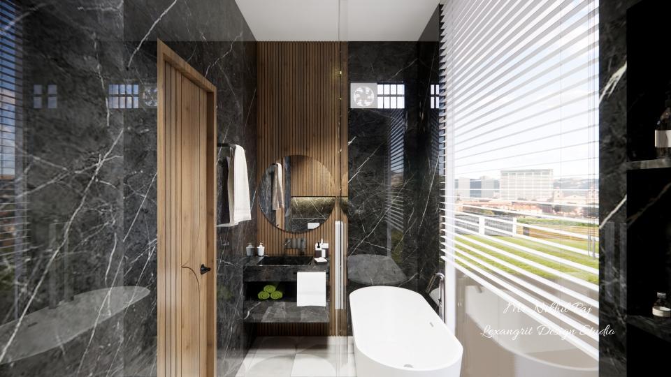 Bathrooom showing decorative vanity unit with louvers panelling and round shape mirro,bathtub