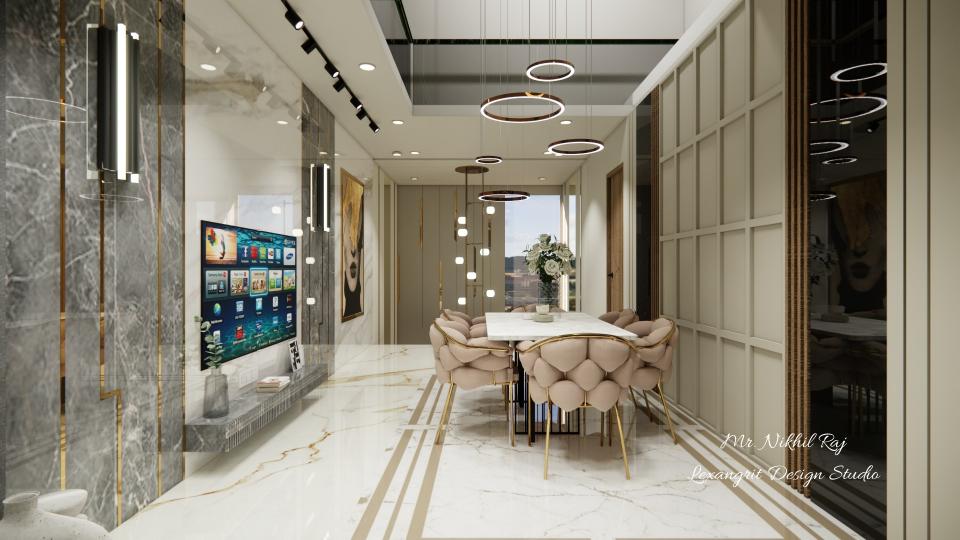 Dining area showing balcony entrance wall panelling design