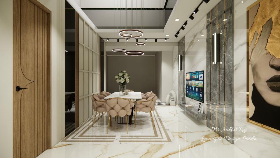 Dining area showing sleek tv unit design & other wall decorative wall panelling design