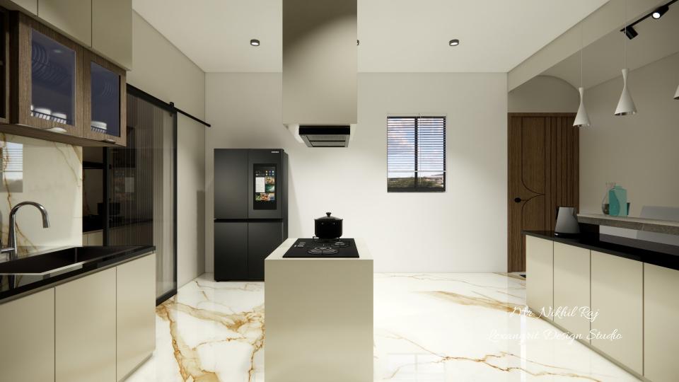 Kitchen showing center coocking area & some storage