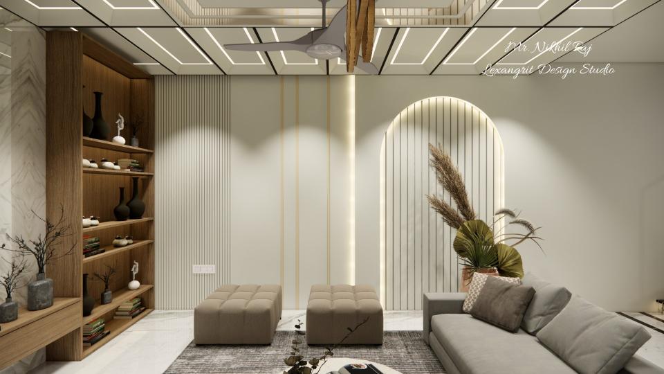 Living area showing pop design wall & open shelf storage