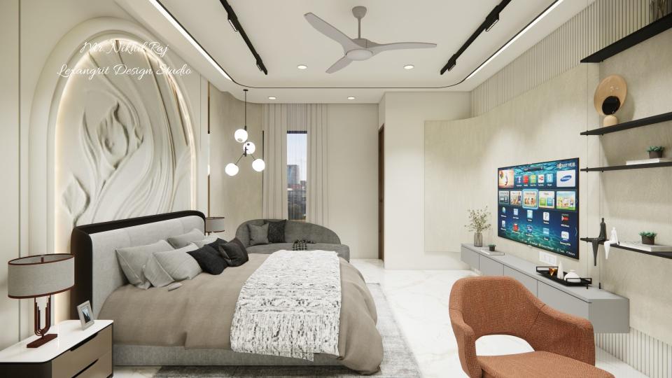 Master bedroom showcasing a stylish headboard with sleek tv unit and decorative items against a soft-colored wall