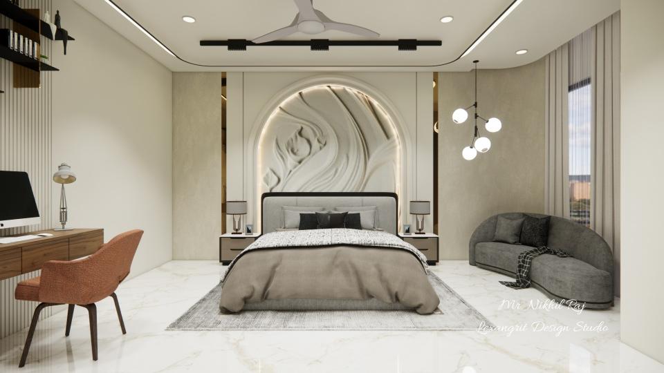 Master bedroom showcasing luxurious bed,side table & work station with seating area