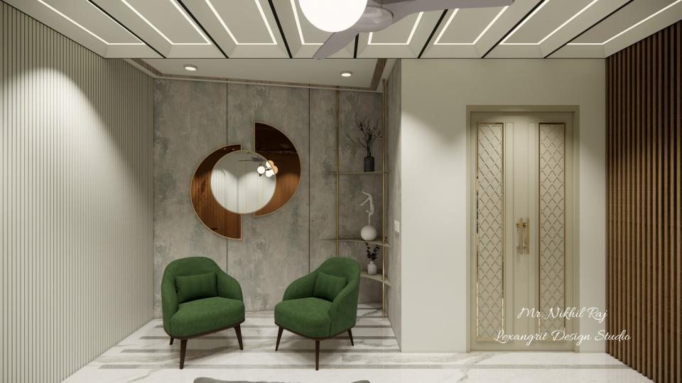 Seating area & decorative wall with round shape designing mirror