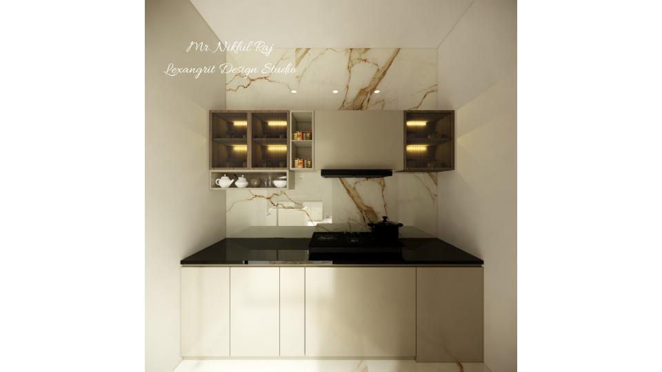 Small kitchen cooking area and fluted glass cabinet design