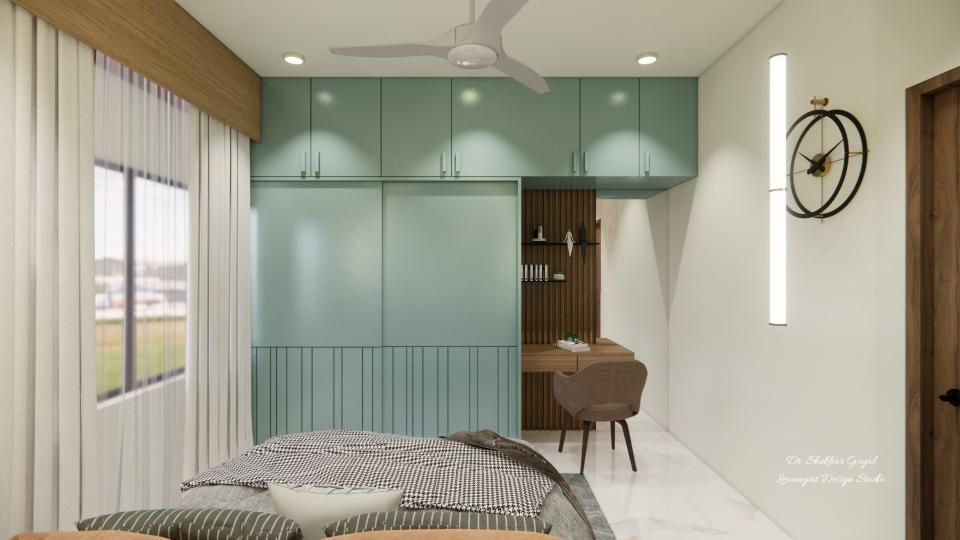 Bed front view sliding wardrobe, work station and large mirror