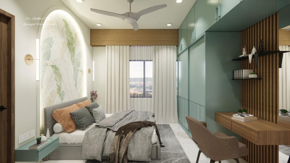 Guest bedroom entrance view showing luxury bed, sliding wardrobe and work station with large mirror