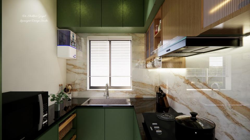 sage green kitchen wash sink unit area behind window, left side has base 2 tire wicker basket unit and microwave on the counter top and on th right gas oven and 3 drawer unit under that