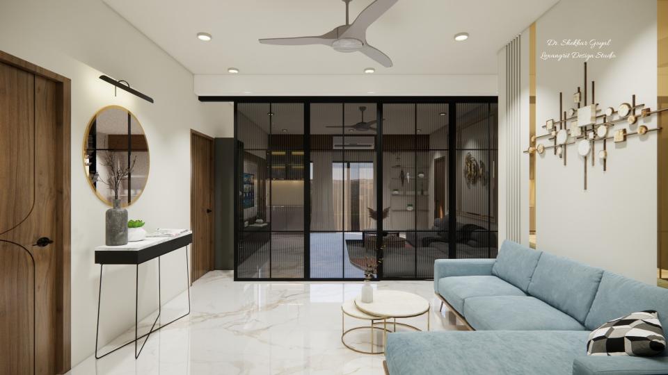 Living room decorative partion with fluted glass