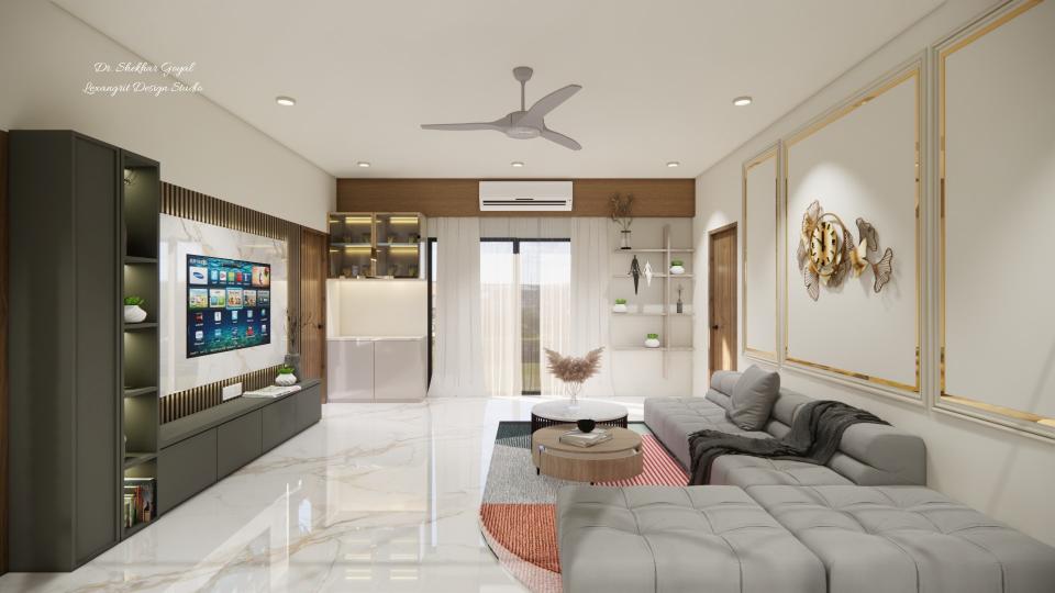 Living room showing after entrance view luxury seating area, sleek tv unit and crockery unit