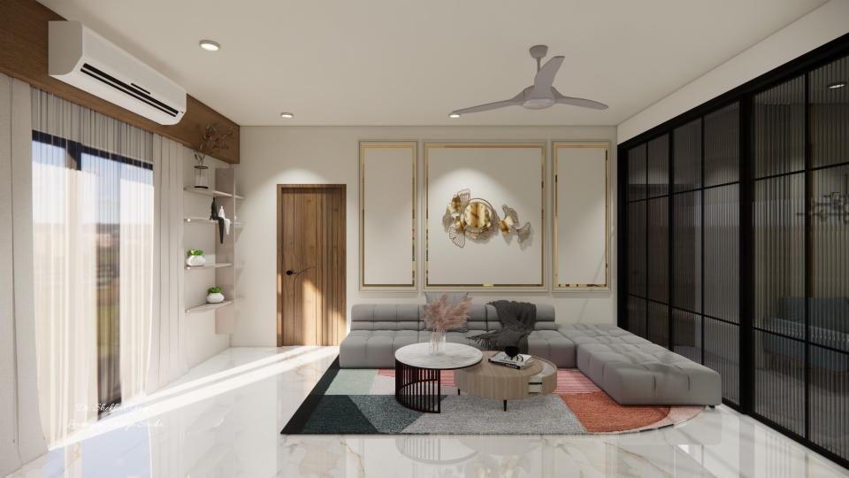 Living room sofa area back wall design golden strip