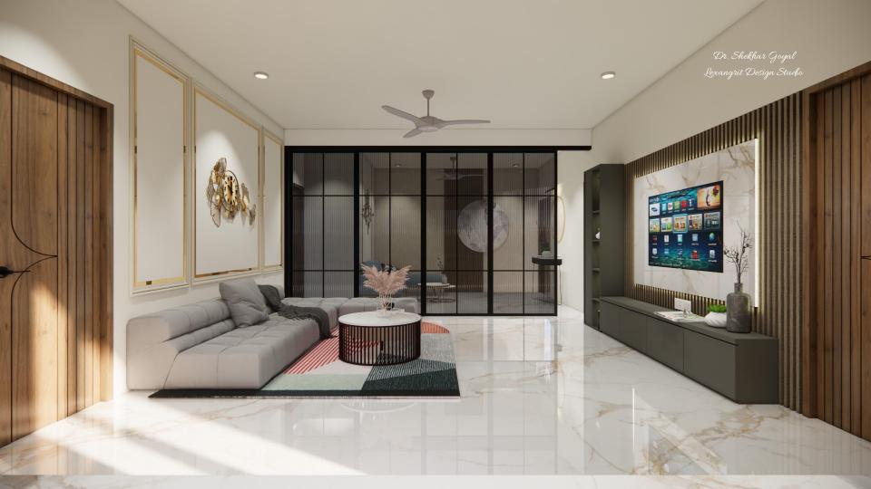 Luxury seatinag area front of sleek tv unit and decorative wall design