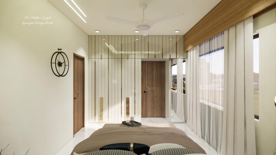 Master bedroom showcasing designing wardrobe and large mirror dressing unit