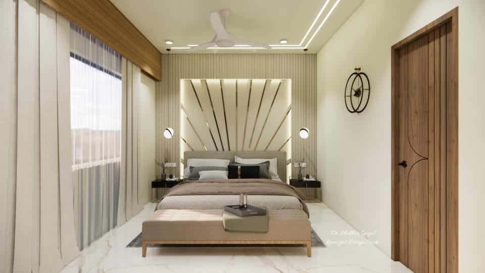 Master bedroom showing luxurious bed with side table and  designing headboard