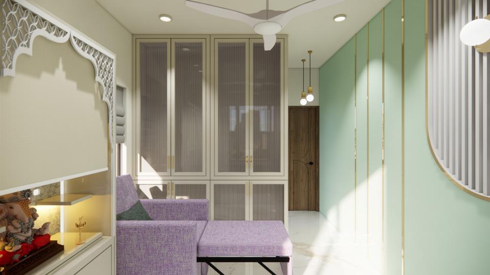 Puja room showing some storage unit with fluted glass