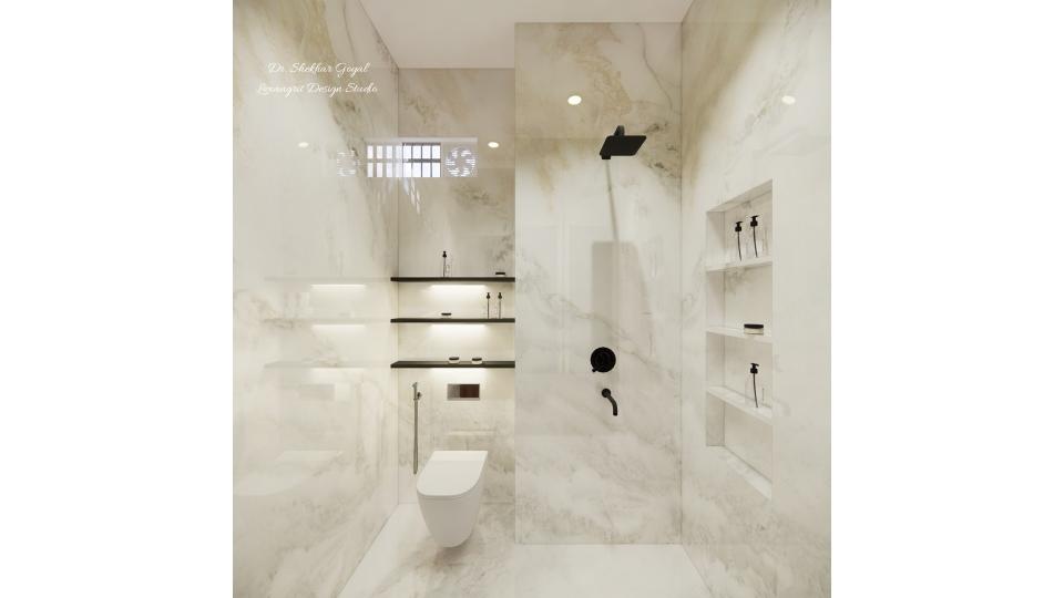 Showing wc area and shower area,some open shelf storage