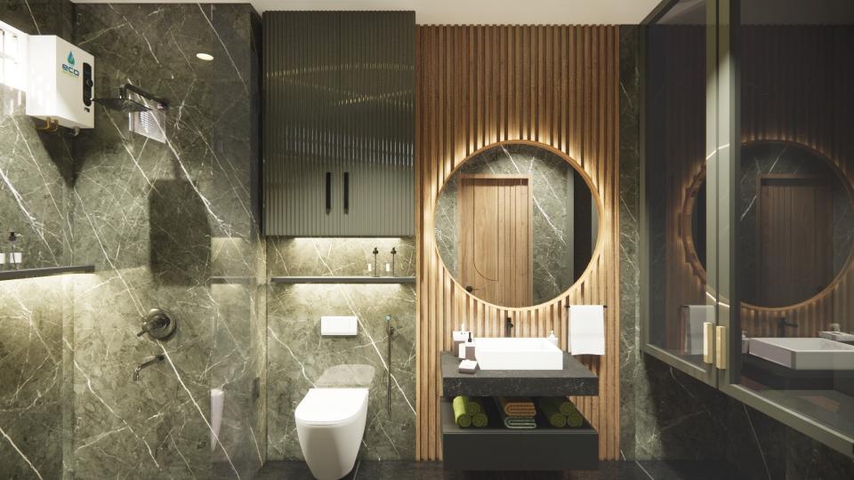 Toilet front view showing vanity unit back side louvers panelling with round shape mirror and some storage