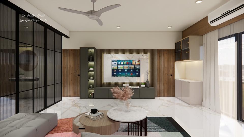 Tv unit front view and decorative back wall with some storage area