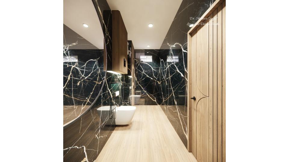 Vanity unit to shower area showing