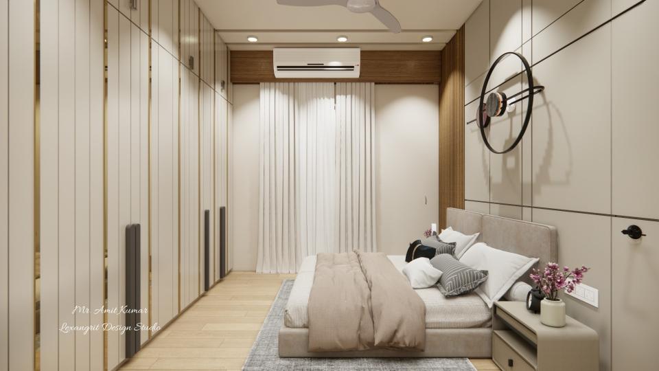 View of the master bedroom featuring a wall with full-height ceiling curtains and an AC unit, a wall with a mural on the right, and a wall with wardrobes with a loft on the left.