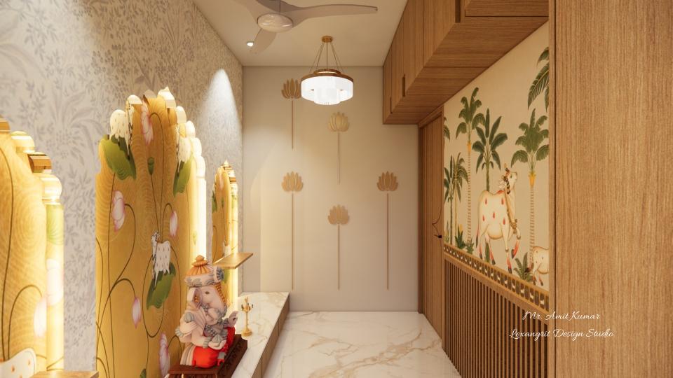 Pooja room with two decorative walls — one side featuring traditional Pichwai-style wallpaper of cows and palm trees above wooden rafters with overhead wooden cabinets, the opposite wall with grey floral pattern and three glowing arched lotus panels housing a Ganesha idol on a white marble platform, white Italian marble flooring and modern circular pendant lights.