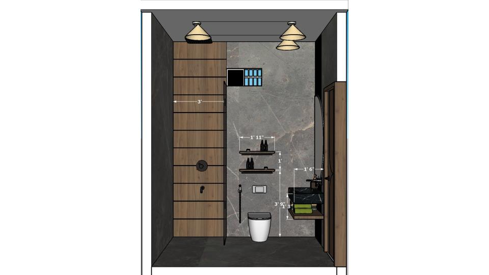 2D measurement drawing of attached toilet bathroom wall showing wet and dry area layout with shower wall, vanity placement near the toilet door entrance, and detailed dimensions for execution.