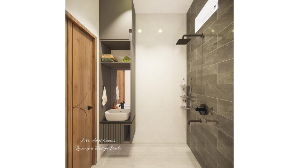 Bathroom with a dark grey tiled wall and a vanity with a white vessel sink on a black countertop integrated into a full storage unit on the left.