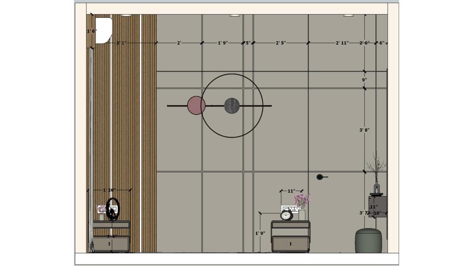 2D measurement drawing of bedback design with wooden louvers, wall groove cutting layout and washroom hidden door dimensions