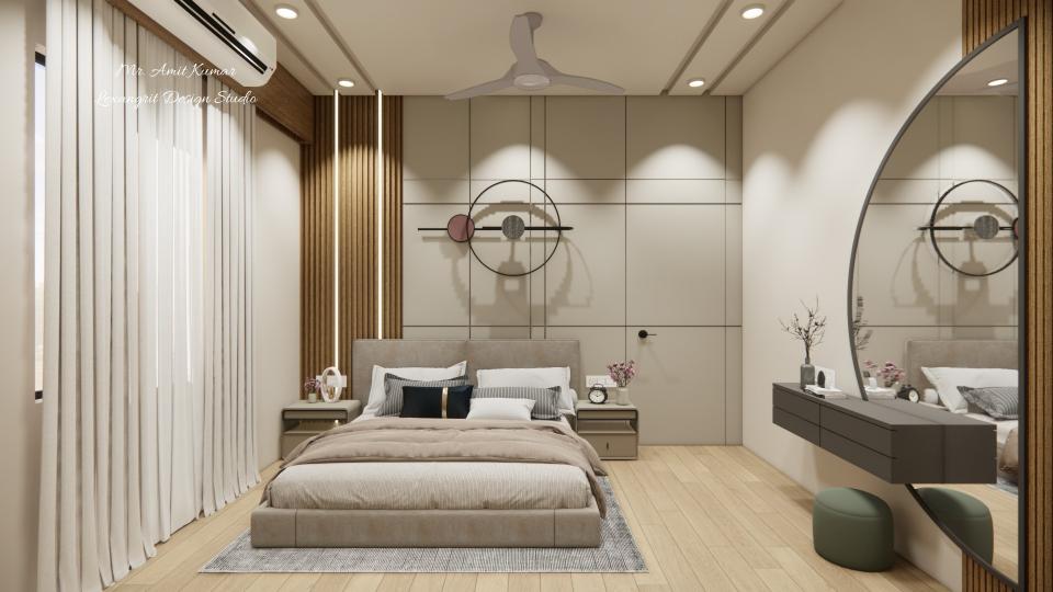 Bedroom bedback design with wooden louvers, wall groove cutting, integrated LED strip lights, circular wall mural and washroom hidden door beside the bed