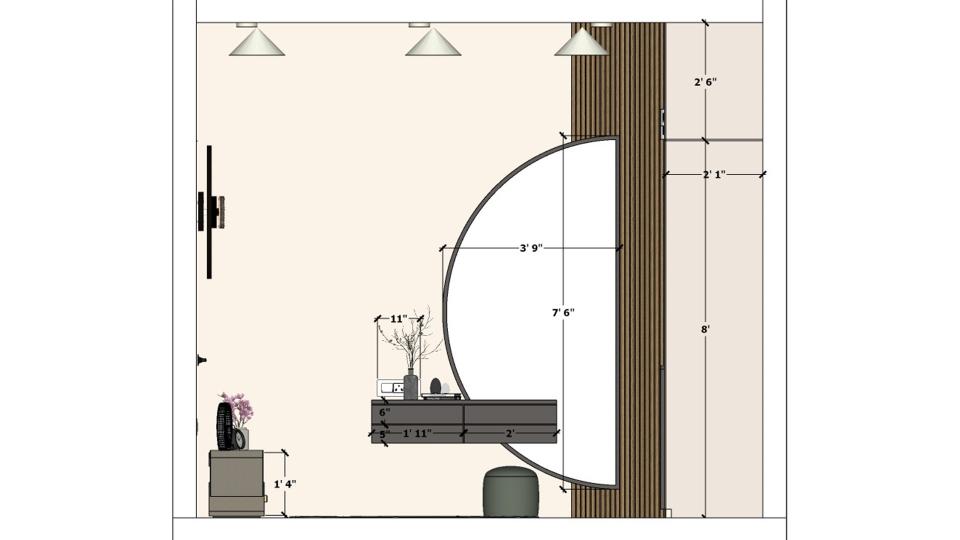 2D measurement drawing of modern dressing unit with half moon mirror dressing table showing dimensions of the floating drawer console and wardrobe alignment in bedroom dressing room design.