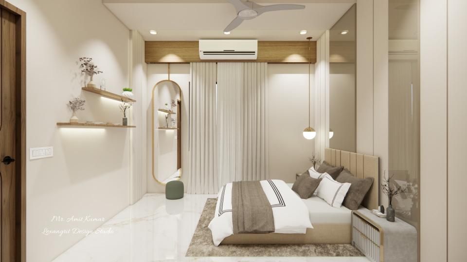 A bedroom view with full-height beige curtains, a large wall-mounted mirror panel, an AC unit, a pendant light, wooden shelves with décor on the left, and a bed back with glossy beige laminate on the right