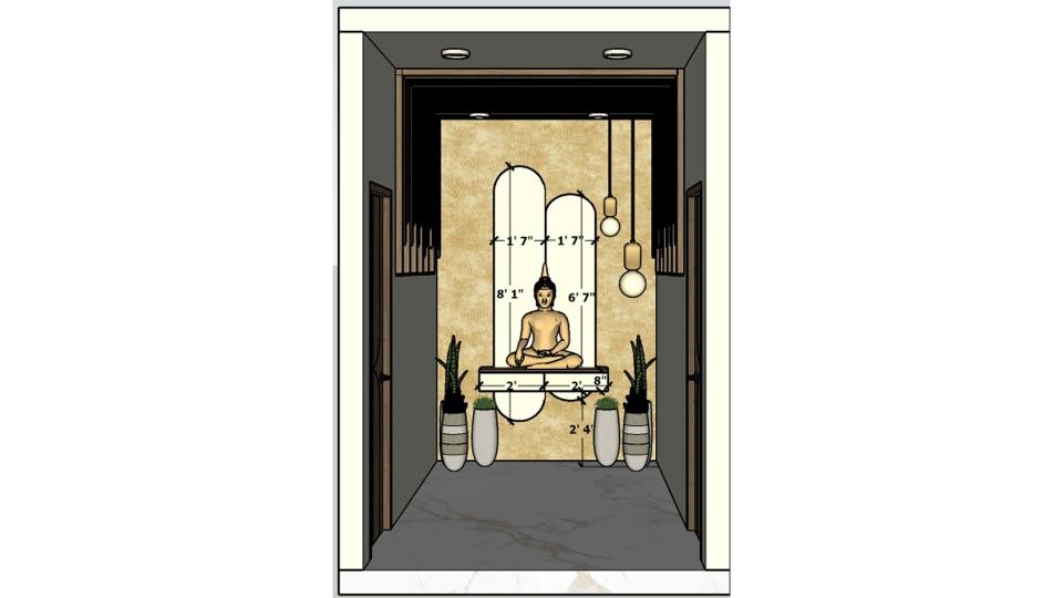 2D measurement drawing of Buddha prayer passage area showing floating console, wooden louvers ceiling detail, and spatial layout dimensions.