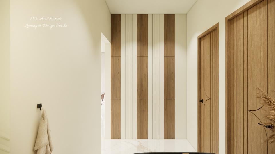 Handwash area view with white marble flooring, a focal wall of grooved vertical alternating wood and white panels, and light wooden doors with curved grooved patterns on the right.