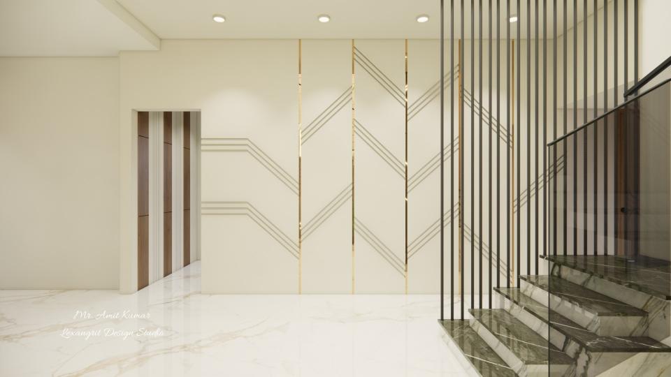 Stairs lobby with marble floor, accent wall with recessed geometric grooves and golden patti, and dark grey Italian marble staircase with black metal rod partition and glass railing.