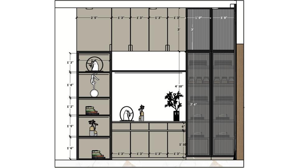 2D dimension drawing of dining area design showing marble-top dining table layout, crockery unit with loft, counter, and shelf measurements