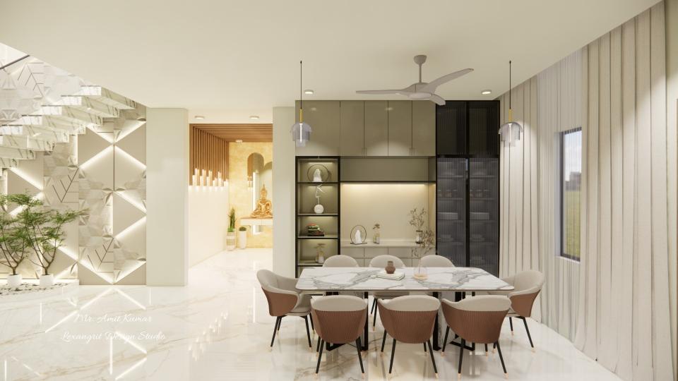 Dining area with marble-top seater dining table and chairs, beige ultra matt laminate crockery unit with loft, counter, and tinted fluted glass shutters beside veranda and staircase accent wall.