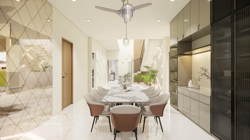 View from the dining room toward a staircase, showing the dining table with a crockery unit and counter on the right and a mirrored wall with a diamond-grid pattern on the left.