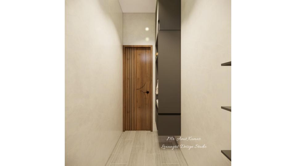 Bathroom view showing a wooden textured door and a vanity with sink and full storage.