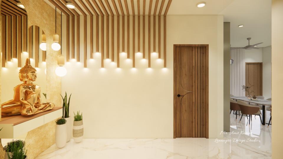 View of veranda with a gold Buddha statue on a designer console, large arched mirror, decorative wall with vertical wooden louvers and warm lighting, white marble flooring, and a minimalist wooden door.