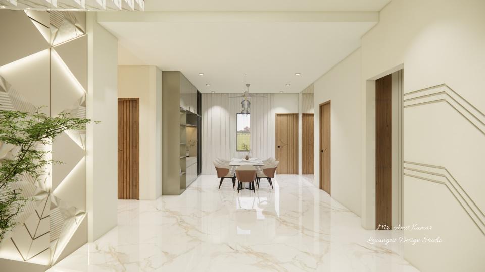 Dining space with an eight-seater dining set under a pendant light, decorative wall, crockery unit on the left, and diamond patterned mirror on the right.