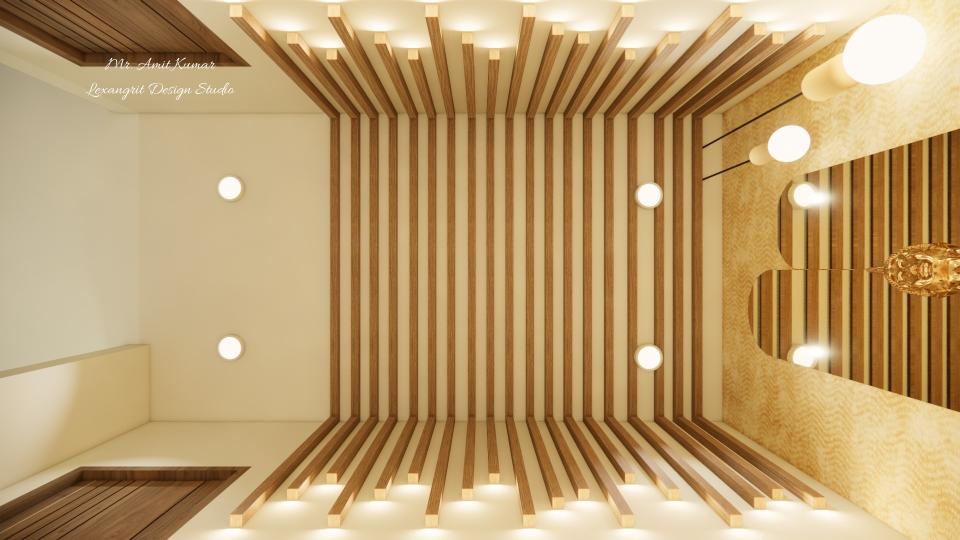 Ceiling view of a veranda featuring arched wooden-textured louvers with warm lighting, minimalist wooden doors on painted walls, and a designer console with a golden Buddha statue against a golden textured wallpaper.