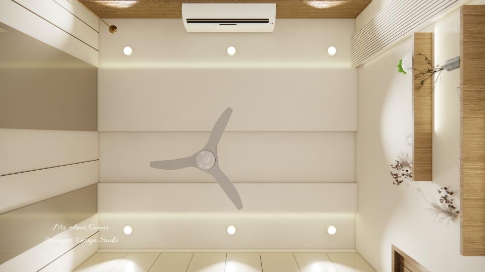 A view of the bedroom’s gypsum ceiling with a three-blade ceiling fan and recessed spotlights.
