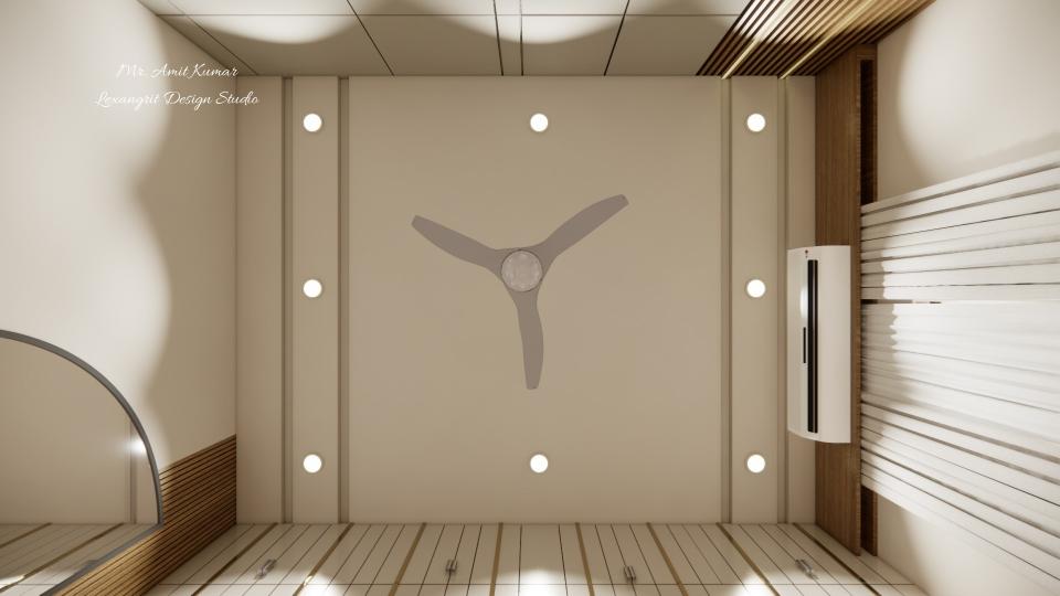 A view of the false ceiling made of gypsum showing the layout of recessed lights, a ceiling fan, and an AC unit