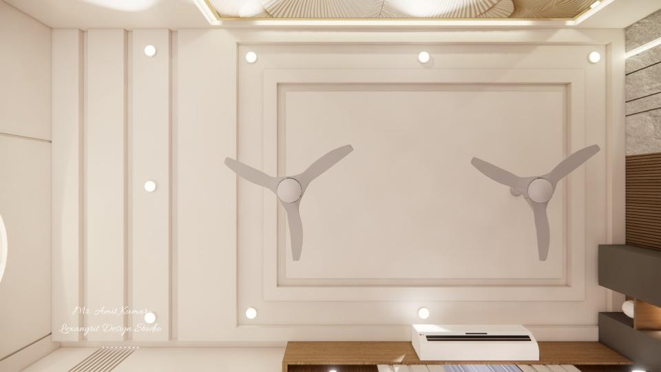Ceiling view of a living room showing two white three-blade ceiling fans.
