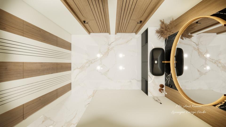 Handwash area with a white Italian marble floor, wood-panelled wall with vertical grooves, sleek black washbasin, large circular gold-framed mirror, and two wooden textured doors with grooves.